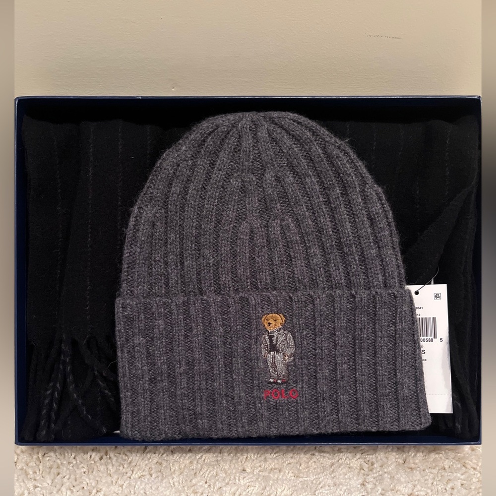 NWT Polo Ralph Lauren Mens Logo Classic Wool Bear Scarf Hat Set Italy